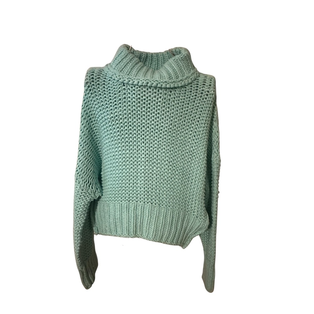 Free People Mint Green Chunky Knit Turtleneck Sweater Cotton Blend Medium